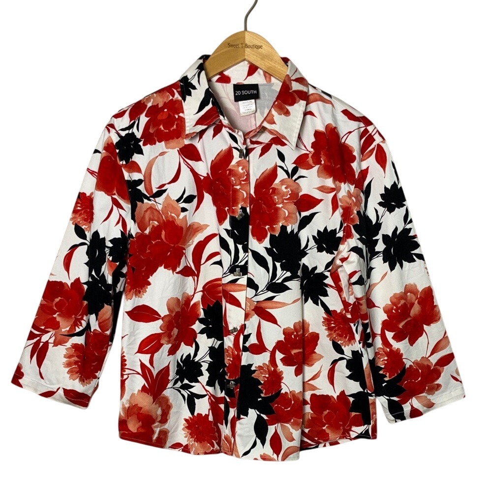 20 SOUTH‎ Women Large Artsy Stretch Cotton Bold Print Shirt Jacket Made in USA